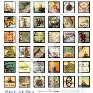 Ship at Sea and Old Maps 1x1 Inch Digital Collage Print Sheet no191 image 1