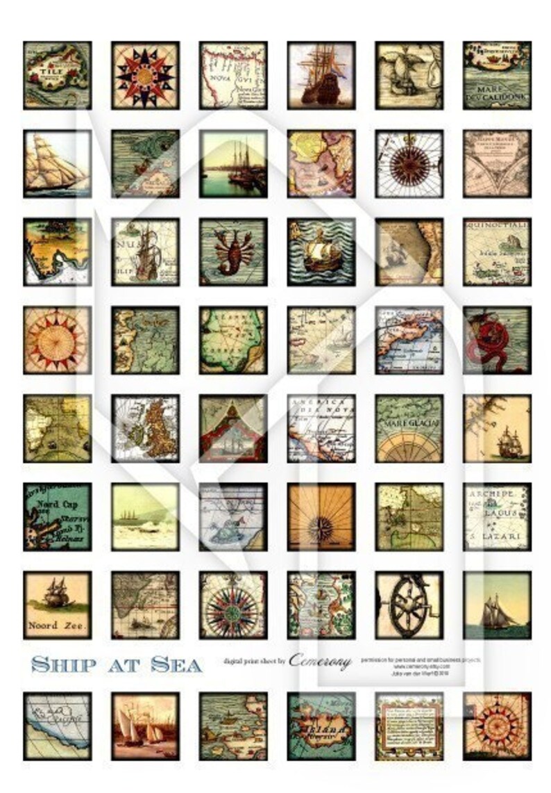 Ship at Sea and Old Maps 1x1 Inch Digital Collage Print Sheet no191 image 1