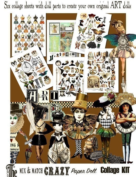 ART TEA LIFE Doll Printable Kit Artful Gathering Workshop Angel Scrapbook Journal Page Paper Doll Collage Sheet Set of 4