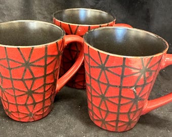 Red and Black Patterned Coffee Mugs. set of 3