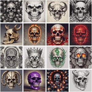 May include: A digital collage of 10 different skull designs. Each skull is depicted in a different style, with some skulls having horns, flames, or other decorative elements. The skulls are all in black and white, with the exception of one skull that is purple.