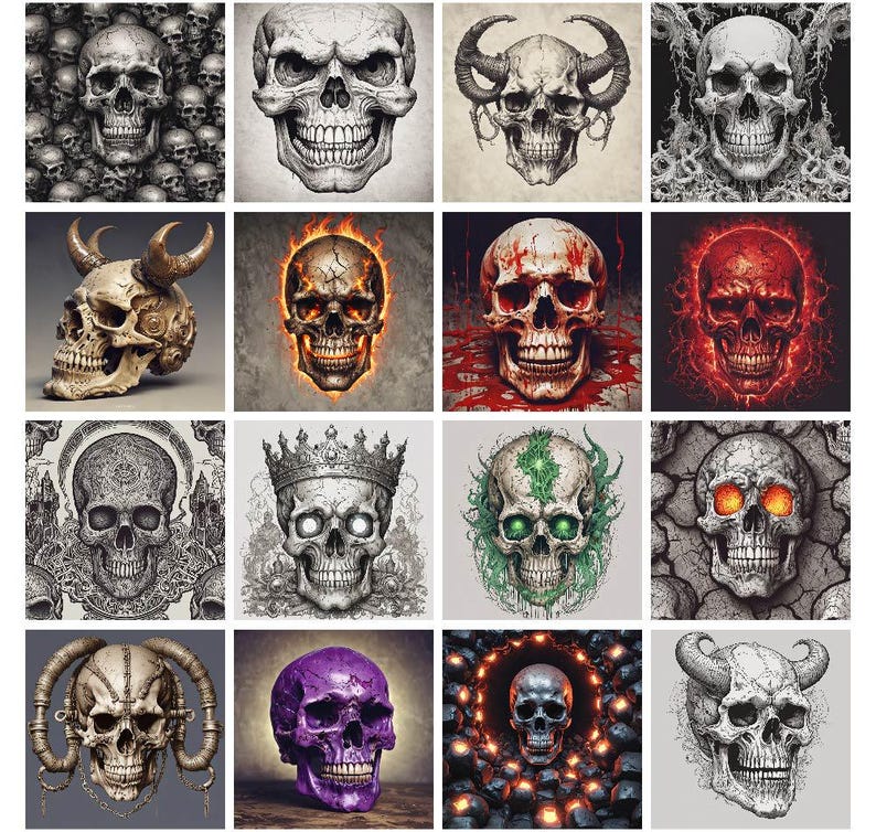May include: A digital collage of 10 different skull designs. Each skull is depicted in a different style, with some skulls having horns, flames, or other decorative elements. The skulls are all in black and white, with the exception of one skull that is purple.