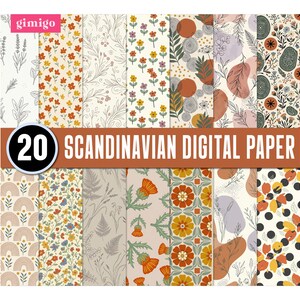 Peut inclure: Une collection de 20 papiers numériques présentant des motifs botaniques, floraux et géométriques dans des tons terreux d'orange, de vert et de crème. L'image inclut le texte gimigo et 20 SCANDINAVIAN DIGITAL PAPER sur une bannière orange centrale.