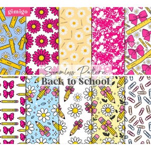 May include: A collection of ten seamless digital patterns featuring back-to-school themes. Designs include yellow rulers, pink bows, daisies, pencils, and paperclips on blue, white, yellow, and pink backgrounds with the text gimigo and Back to School.