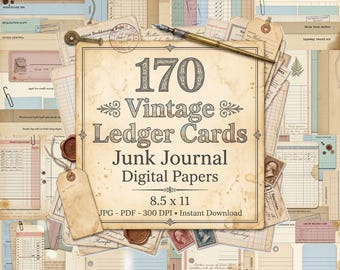 Vintage Ledger Cards Junk Journal, Library Card Ephemera Printable, Antique Receipt Labels & Tags, Library Cards, Journal Cards, Old Paper