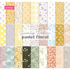 Puede incluir: Una colección de patrones florales pastel sin costuras. Los patrones incluyen diseños florales, de cuadros y lunares en tonos de amarillo, morado, rosa y verde. La palabra "gimigo" está en un cuadro rosa. Las palabras "Seamless Pattern pastel floral" también son visibles.