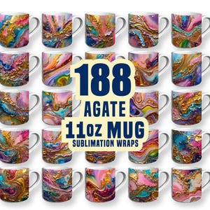 Peut inclure: Ensemble de 24 mugs en céramique blanche ornés de motifs colorés de style agate. Les tasses présentent des motifs tourbillonnants dans des tons de bleu, rose, or et turquoise. Le texte indique "188 AGATE 11oz MUG SUBMLIMATION WRAPS."