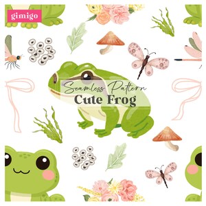 Può includere: Un motivo senza cuciture con una simpatica rana verde, farfalle, funghi ed elementi floreali. Il design include il testo "Seamless Pattern Cute Frog" su sfondo bianco. Il motivo è pieno di illustrazioni stravaganti.