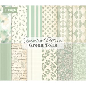 May include: A collection of seamless patterns in shades of green and cream. The patterns include watercolor washes, fern leaves, stripes, floral motifs, and geometric designs. The text "Seamless Pattern Green Toile" is displayed in the center.