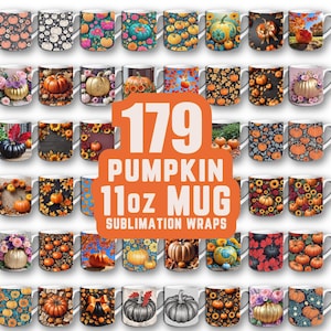 Op de afbeelding: Een verzameling van 179 pompoen-thema mokken van 325 ml. De mokken tonen diverse ontwerpen, waaronder pompoen illustraties, bloemenpatronen en herfst-thema graphics. Ideaal voor herfst- en seizoensdecoratie.