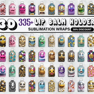 以下が含まれることがあります： 335種類以上のスマイリーフェイスのデザインが施された、3Dプリントのリップバームホルダー昇華ラップ。50％割引。