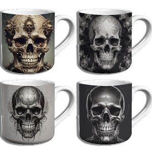 May include: Set of four white ceramic mugs with black and white skull designs. Each mug features a different skull design with intricate details.