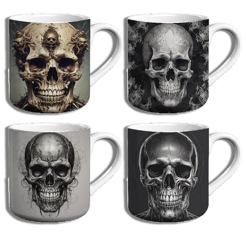 May include: Set of four white ceramic mugs with black and white skull designs. Each mug features a different skull design with intricate details.