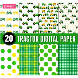 Puede incluir: Una colección de 20 papeles digitales con patrones de tractores verdes y amarillos, lunares y cuadros. La imagen incluye el texto gimigo y 20 TRACTOR DIGITAL PAPER. Los patrones se muestran en una cuadrícula de ocho secciones distintas.