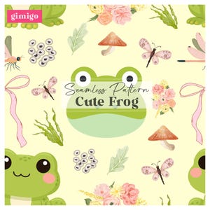Può includere: Un motivo senza cuciture con un design ripetitivo di una simpatica rana verde, farfalle, funghi, fiori e altri elementi naturali su uno sfondo giallo chiaro. Il testo "Seamless Pattern Cute Frog" è incluso.
