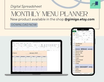 Planificador de menú mensual y diario de recetas / Hojas de cálculo de Google / Plantilla de Excel / Seguimiento de calorías, Lista de compras automatizada, Hoja de cálculo de inventario de alimentos