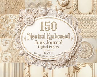 Neutrales, geprägtes Junk Journal, elfenbeinfarbene, strukturierte digitale Scrapbook-Seiten, neutrales Papier, geprägtes Papier, cremefarbenes Papier, digitale Papiere, Antik