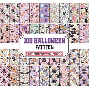 May include: A digital collection of 100 Halloween patterns featuring repeating motifs of ghosts, black cats, pumpkins, bats, witches, and haunted houses in pastel and dark color palettes. The text 100 HALLOWEEN PATTERN 300DPI JPG AND PDF is visible.