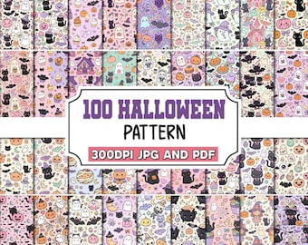 Nahtlose digitale Halloween-Papiermuster, 100 digitale Halloween-Papiere im Paket, Kürbis- und Geister-Druckvorlagen, Gruselige Halloween-Hintergründe