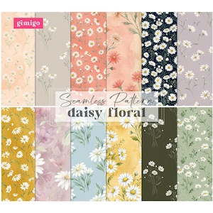 May include: A collection of seamless daisy floral patterns in various colors, including peach, gray, coral, navy, and olive green. The patterns feature white daisies with yellow centers and green leaves. The text "Seamless Pattern daisy floral" is displayed.