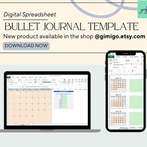 Puede incluir: Una plantilla de hoja de cálculo digital para bullet journaling. La plantilla incluye páginas de calendario mensuales, un registro futuro y un rastreador de hábitos. La plantilla está disponible para su compra en gimigo.etsy.com.
