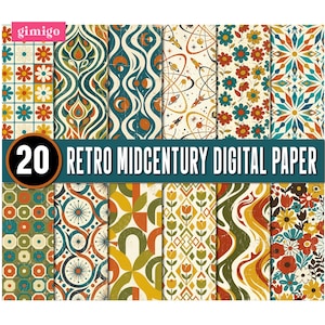 May include: A collection of 20 digital paper sheets featuring various patterns including flowers, geometric shapes, space themes, and wavy lines in shades of orange, teal, yellow, and brown. The text "gimigo" and "20 RETRO MIDCENTURY DIGITAL PAPER" is visible.