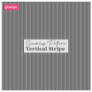 May include: A seamless vertical stripe pattern in black and white. The design features evenly spaced, parallel black lines against a white background. The text "Seamless Pattern Vertical Stripe" is displayed in a rectangular box. The logo "gimigo" is in a pink box.