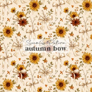 May include: A seamless pattern featuring yellow sunflowers, brown flowers, white bows, and small orange berries on a cream background. The text "Seamless Pattern autumn bow" is centred in the middle of the image in a dark font.