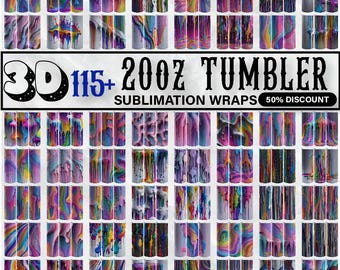 May include: A collection of 115+ 20oz sublimation tumbler wraps featuring colorful abstract designs with dripping paint effects. 50% discount is offered.