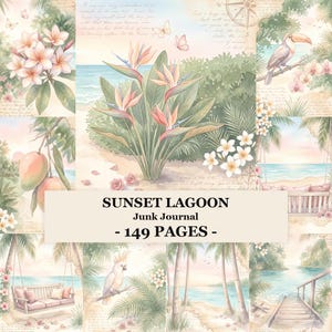 Può includere: Un junk journal intitolato SUNSET LAGOON - 149 PAGES con un collage di illustrazioni tropicali ad acquerello che includono uccelli del paradiso, fiori di plumeria, un tucano, un cacatua, palme, un'altalena da spiaggia e un molo.