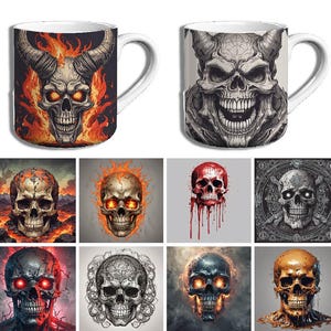 May include: Set of 10 ceramic mugs featuring different skull designs. Each mug has a unique skull design with different colors and details. The skulls are depicted in a variety of styles, including cartoon, realistic, and stylized.