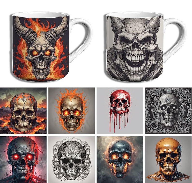 May include: Set of 10 ceramic mugs featuring different skull designs. Each mug has a unique skull design with different colors and details. The skulls are depicted in a variety of styles, including cartoon, realistic, and stylized.