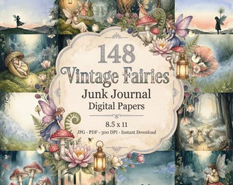 Vintage-Feen-Junk-Journal, digitale Scrapbook-Papiere, Feen-Fantasy-Collage-Blätter, druckbare Vintage-Ephemera (JPG), digitaler Download
