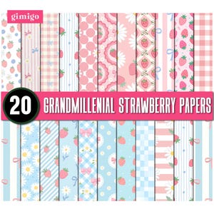 Watercolor Grandmillennial strawberry Seamless Patterns, Pastel Floral Digital Paper, Preppy Background, Repeating Pattern Scrapbook Paper