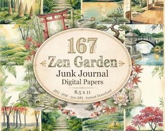 Zen Garden Junk Journal, Japanese Watercolor Digital Scrapbook Pages, Zen Journal, Journal Pages, Calm Journal, Peaceful Journal, Koi Pond