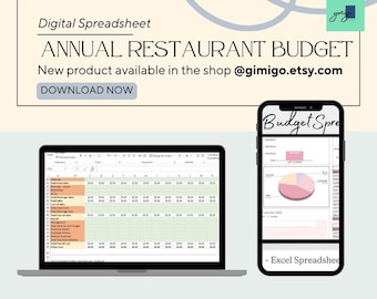 May include: A digital spreadsheet template for an annual restaurant budget. The spreadsheet is shown on a laptop screen and a mobile phone screen. The spreadsheet includes sections for food sales, beverage sales, labor costs, and other expenses. The template is available for download at @gimigo.etsy.com.