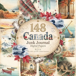 Peut inclure: Une collection de papiers numériques intitulée 148 Canada Junk Journal présentant des illustrations à l'aquarelle de paysages canadiens, de faune comme des huards et porcs-épics, feuilles d'érable, écorce de bouleau, canoës et timbres vintage.