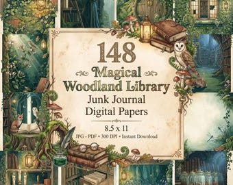 Magisches Waldbibliothek-Junk-Journal, Feenwald-Junk-Journal-Papiere, Druckvorlagen für verzauberte Bücher, Elfen-Junk-Journal, Waldelf, Antik