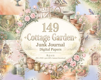 Junk Journal mit floralem Cottage-Garten-Motiv, digitales Scrapbook-Papier-Set, druckbare Vorlage für Gärtner, Aquarell-Pflanzen-Collage-Blatt, Vintage-Botanikgarten