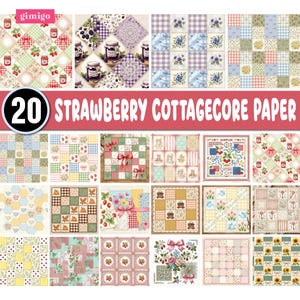 Papier numérique Cottagecore Fraise, motif floral sans couture Cottagecore Fraise, motifs patchwork vintage sans couture, vichy floral