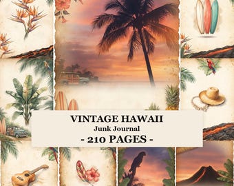 Vintage Hawaii Junk Journal, Erinnerungsstücke an tropische Inseln, Vulkane, Hibiskus, Palmen, Strände, Surfbretter, Scrapbook-Papiere, druckbare Seiten