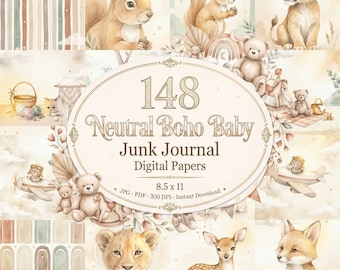 Neutrales Boho-Baby-Junk-Journal, Teddybär-Kinderzimmer-PNG-Bundle, Babyparty-Papiere, Boho-Teddybär, Boho-Bär, Baby-Ephemera, Baby-Jungen-Papier