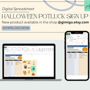 Puede incluir: Una hoja de cálculo digital para una inscripción a un potluck de Halloween. La hoja de cálculo tiene columnas para los nombres, lo que traen y las restricciones dietéticas. La hoja de cálculo está decorada con una calabaza y otros gráficos de temática de Halloween.