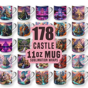 May include: A collection of 20 white ceramic 11oz mugs, each featuring a unique fantasy castle design. The mugs showcase vibrant colors and detailed artwork of castles, waterfalls, and landscapes. Text on the image reads "178 CASTLE 11oz MUG SUBMLIMATION WRAPS."