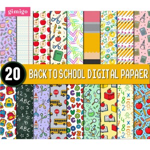 May include: A collection of 20 digital paper patterns featuring school-themed illustrations including apples, pencils, scissors, school buses, calculators, and alphabet letters. The designs are colorful and varied, with a banner reading 20 BACK TO SCHOOL DIGITAL PAPAER.
