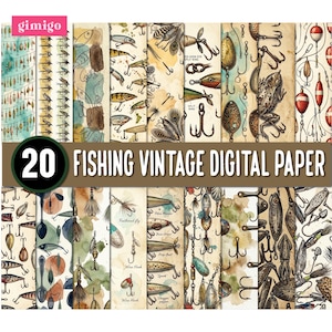 May include: A collection of 20 digital paper sheets featuring vintage fishing illustrations, including various lures, hooks, floats, and a frog on a cream-colored background with watercolor accents and the text 20 FISHING VINTAGE DIGITAL PAPER.
