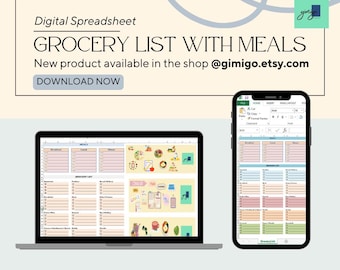 Automated Grocery List & Meal Planner | Google Sheets and Excel Sheets Meal Prep Template with Shopping List Tracker