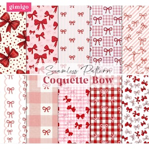 Könnte beinhalten: Eine digitale Sammlung von zehn nahtlosen Mustern mit roten Schleifen auf verschiedenen Hintergründen wie Punkten, Streifen und Vichy-Karos. Der Text Seamless Pattern Coquette Bow ist über dem Raster der Designs zentriert.