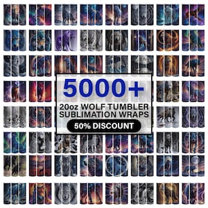 Puede incluir: Un collage de 20 oz. de envoltorios de sublimación con diseños de lobos. El texto "5000+ 20oz Wolf Tumbler Sublimation Wraps 50% Discount" se muestra en el centro de la imagen.