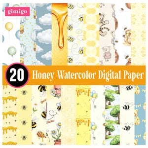 Puede incluir: Una colección de 20 hojas de papel digital de acuarela de miel. Los diseños presentan ilustraciones de abejas, miel, globos aerostáticos y personajes de dibujos animados en tonos de amarillo, azul y blanco. La palabra "gimigo" está en la esquina superior izquierda.